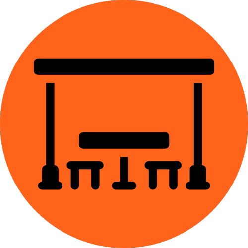 orange circle containing a graphic of a sheltered seating area