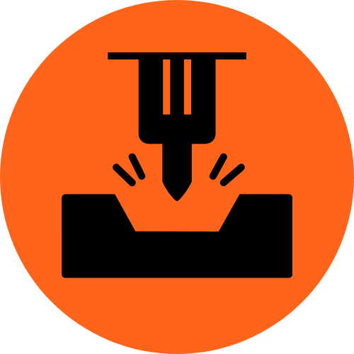 orange circle containing a graphic of a drill moulding metal