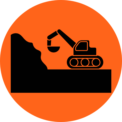 orange circle containing a graphic of a digger by a pile of dirt