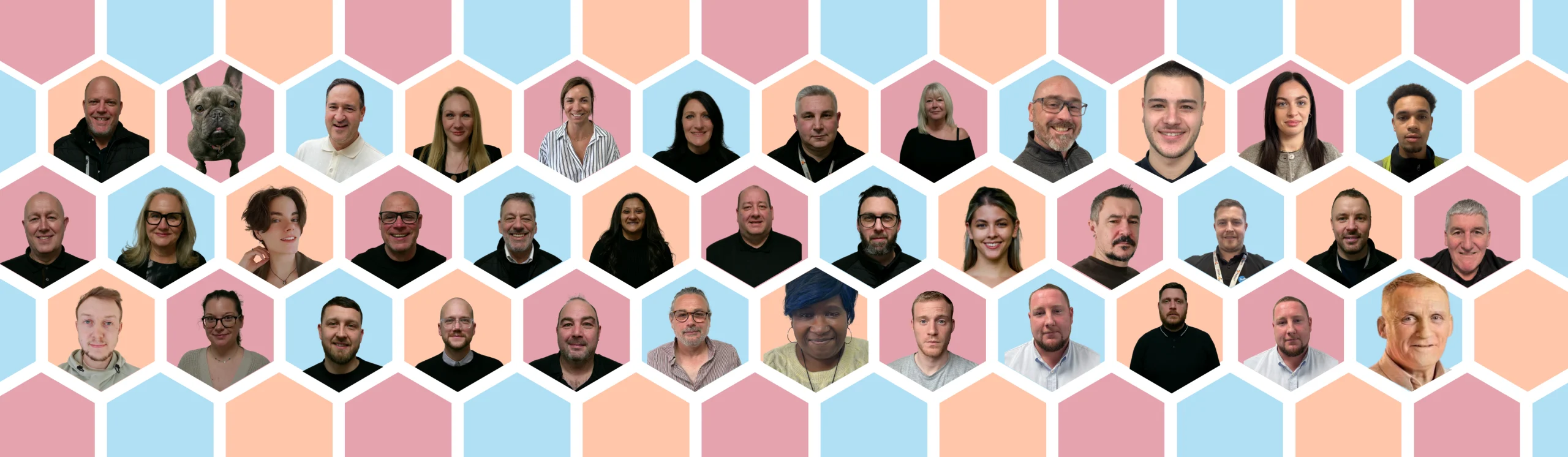 About Us - A graphic containing the many smiling faces of those working at PAG, BE, and Factotum